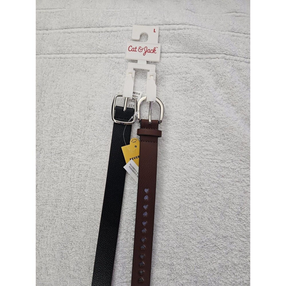 Cat & Jack Girls Leather Belts 2 Pack Reversable Black, Pink, & Brown Hearts
